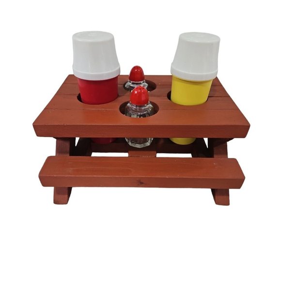 Picnic Table Condiment Holder Tupperware Ketchup & Mustard Hazel Atlas S&P - Picture 1 of 8